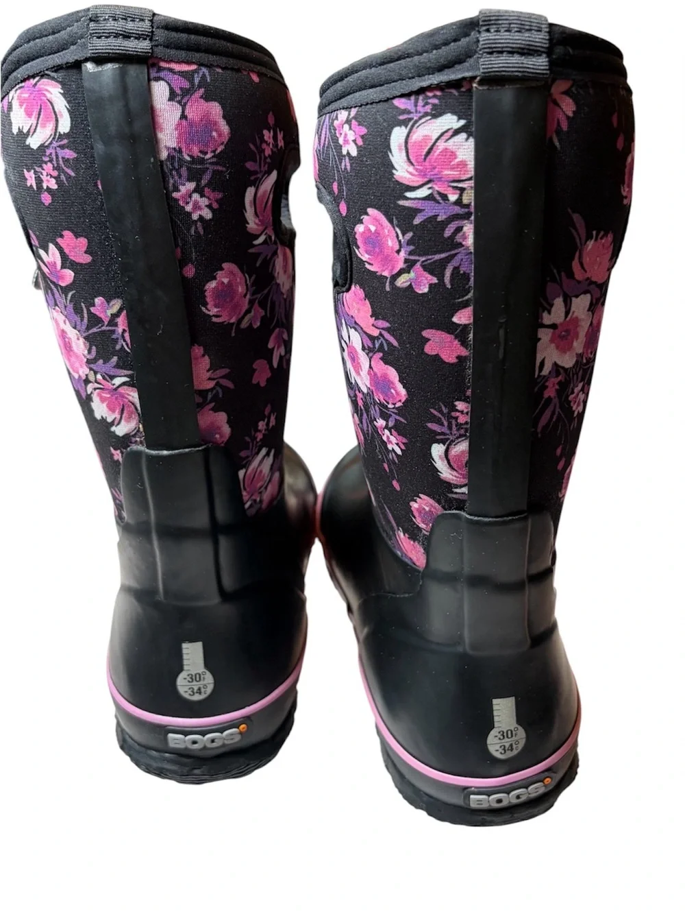NWT BOGS girls size 6  Black Floral Rain Boots with Pink Accent